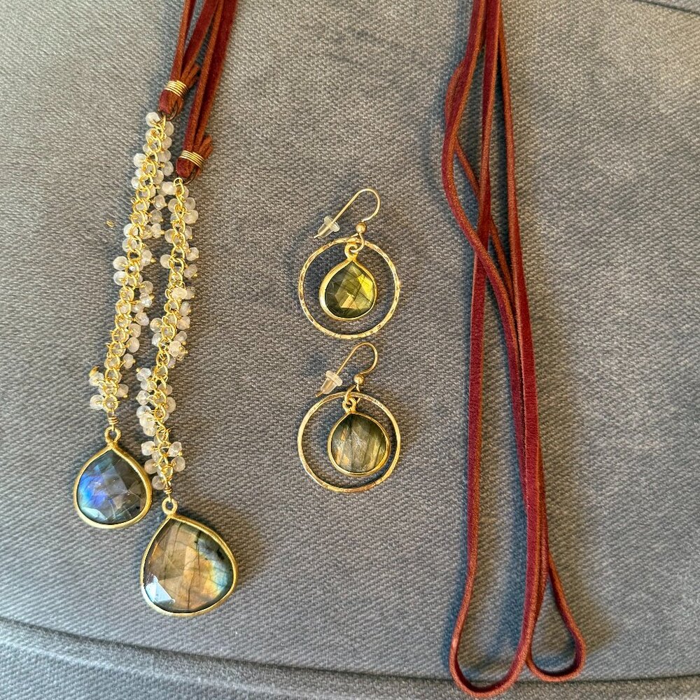 Artisan Gold-Tone Labradorite Teardrop Necklace Set with Brown Suede Cords